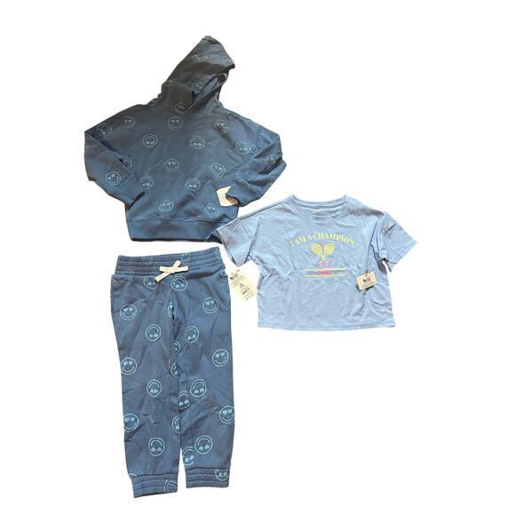 Girls XS 4/5 3pc Casual Lot NWT Matching Sweats Set and A Tshirt blue smiley - Picture 1 of 4